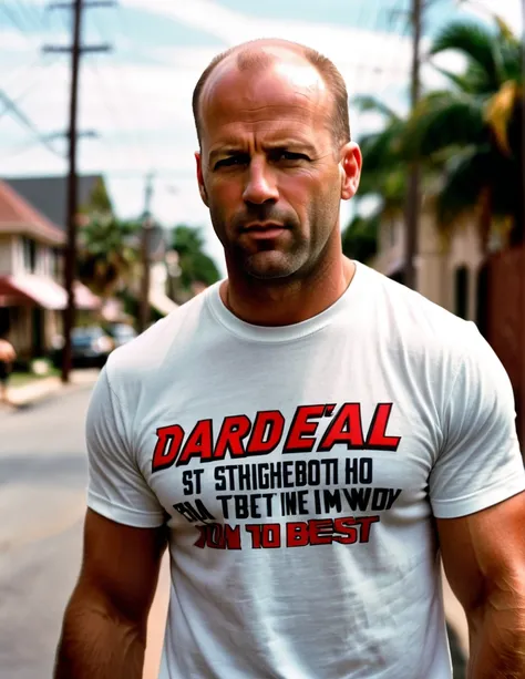 A 30 yo Daredevil Detective [Jason Statham:Bruce Willis:0.5] Riggs, wearing T-Shirt with "80s is the BEST" text on it, is scrutinizing his neighborhood, cinematic, professional movie scene, ultra sharp focus, shallow depth of field