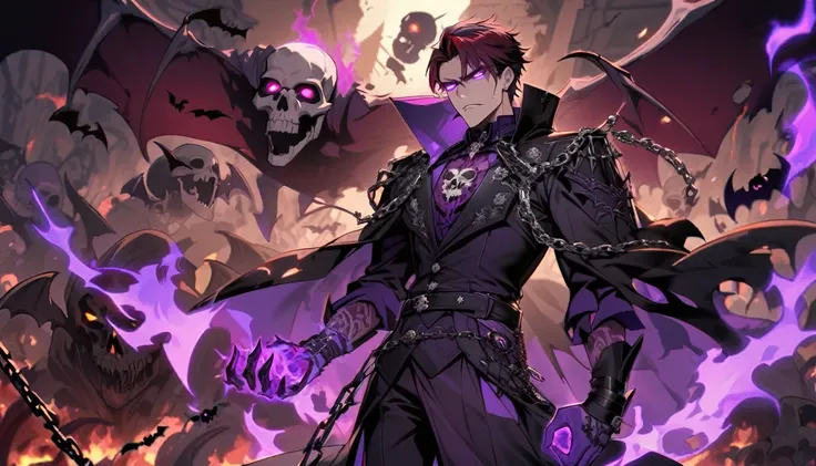 male, handsome, hell, purple flame, purple flame hand, skull, chain, tatoo, bats, bone, blood, glowing eyes, purple eyes, dark red hair, emperor dark outfit