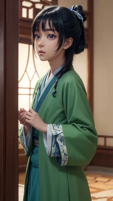 kusuriyamaomao, maomao, long hair, bangs, blue eyes, hair ornament, green hair, blunt bangs, freckles, hair bun, single hair bun,
BREAK japanese clothes, robe, green robe, long sleeves, wide sleeves, skirt, red skirt,
BREAK indoors,
BREAK looking at viewer...