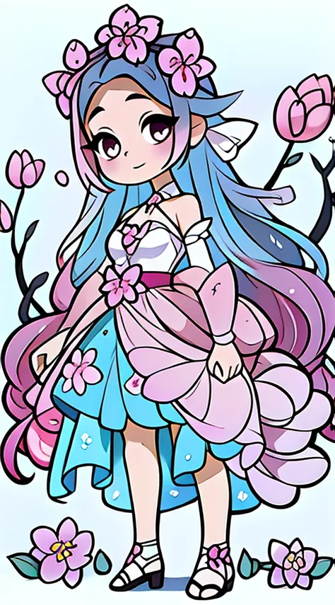 a girl, kawaii princess, standing, (Flower garden), shoulder length hair, full body, in the center of the camera, line art