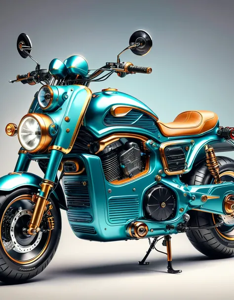 a retro-colored, digital illustration style, an electric motorcycle (with a novel, unique style), (with a perfect anatomical structure), masterpiece, extremely detailed, photorealistic, best quality, exquisite texture, high-quality artwork by a master arti...