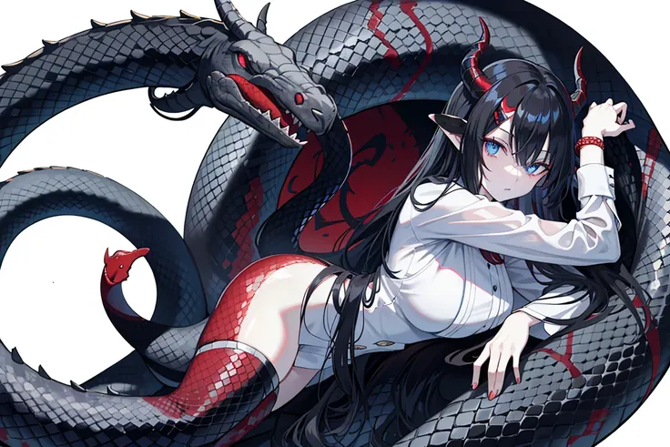 One woman, fair skin, black hair, blue eyes, red pupils, snake-like lower body, plain white kosode, black haori, black scales all over the body, horns growing from the side of the head, snake, masterpiece, top quality