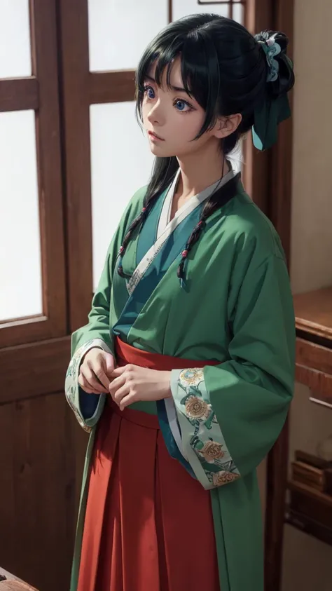 kusuriyamaomao, maomao, long hair, bangs, blue eyes, hair ornament, green hair, blunt bangs, freckles, hair bun, single hair bun,
BREAK japanese clothes, robe, green robe, long sleeves, wide sleeves, skirt, (red skirt),
BREAK indoors,
BREAK looking at view...