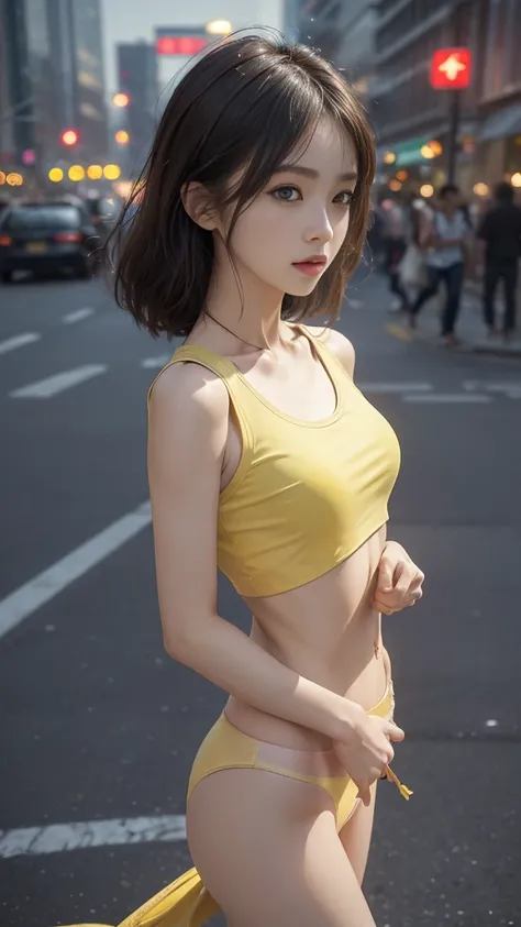 ((Realistic lighting, Best quality, 8K, Masterpiece: 1.3)), Clear focus: 1.2, 1 Korean girl, Perfect Figure: 1.4, Slim Abs: 1.1, See through, tight clothing, ((Korean)), (panties: 1.4), (Yellow crop top: 1.4), (Outdoor, Night: 1.1), City streets, Super fin...