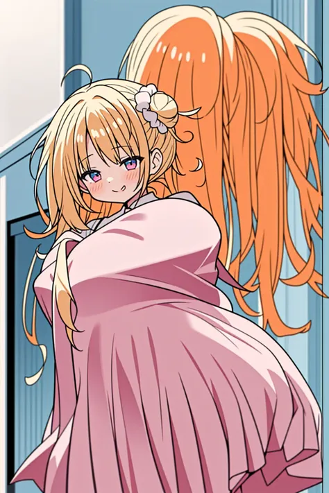 Bishojo anime style,pregnant high school girl,white huge maternity ,blonde curled fringe with bun hair,
scrunchie,Semicircular eyes,laugh,happy,love, aura of love, agape,