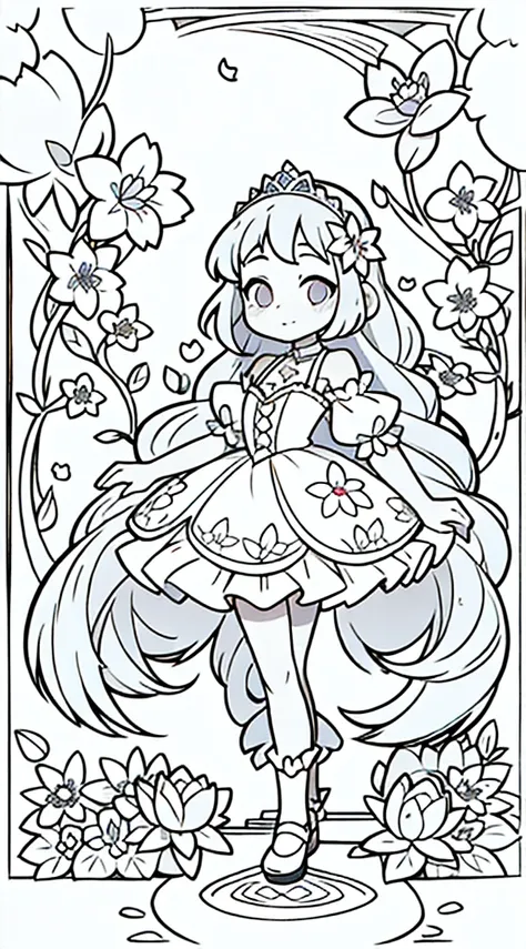 a girl, kawaii princess, standing in a magical garden, (Flower garden), shoulder length hair, full body, in the center of the camera, line art