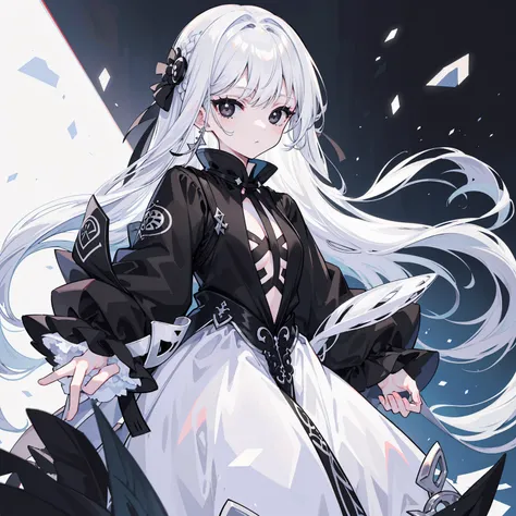 (Top image quality)、(Ultra Detailed)、(Facing forward)、top quality、masterpiece、(((1 girl)))、Silver Hair、white hair、((Long hair))、(black eyes:1.6)、dress