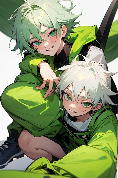 1kpop boy wearing a soft green turtle neck outfit, with a dark green fuchsia-colored overalls , yellow gloves, smile with teeth, messy messy white hair, detailed eye,pupilsmirk rizz face, attractive pose cannot be ressistbaby face(killua face) rizz,sit pos...