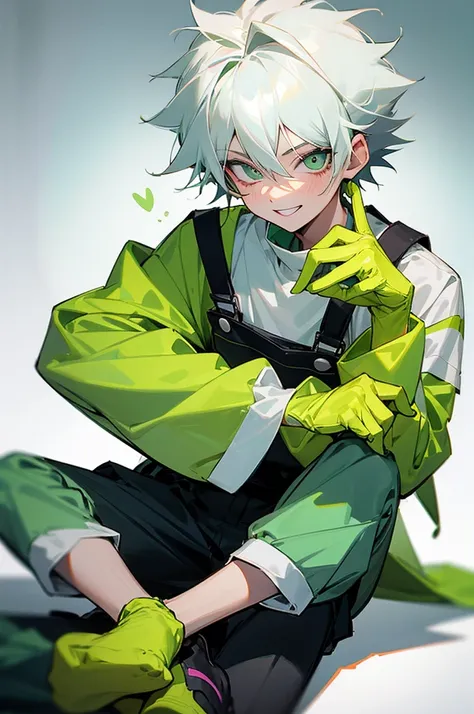 1kpop boy wearing a soft green turtle neck outfit, with a dark green fuchsia-colored overalls , yellow gloves, smile with teeth, messy messy white hair, detailed eye,pupilsmirk rizz face, attractive pose cannot be ressistbaby face(killua face) rizz,sit pos...