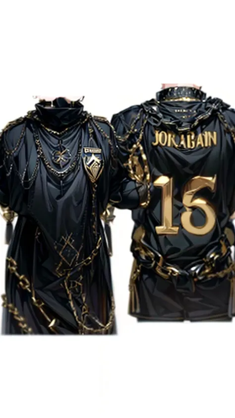 a close up of a jersey with a chain around it, black jersey, jordan, johnatan wayshak, roman, jonathan winterhart, mohamed chahin style, gold black, vantablack gi, egyptian, inspired by Božidar Jakac, oman, gilded black uniform, black and gold, dark ornate...