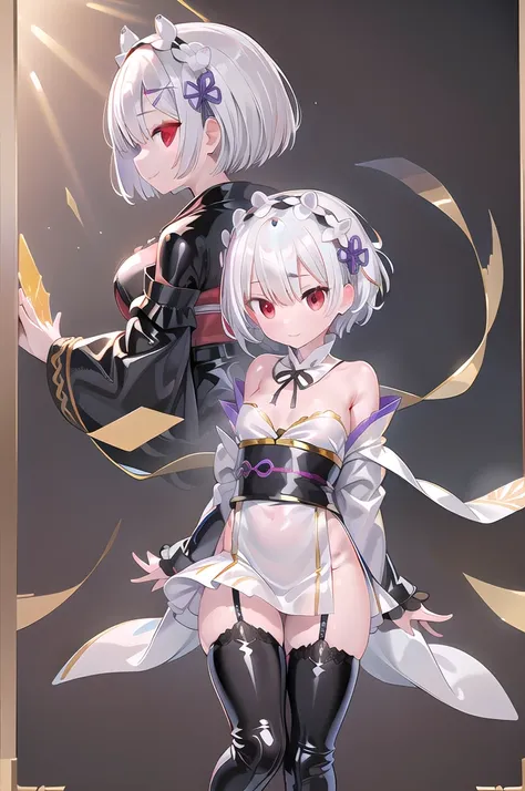 1girl,solo,cowboy shot,standing,(white hair:1.6),(short hair:1.2),hair over one eye,ribbon trim, hair ribbon, x hair ornament,(red eyes:1.4),(beautiful fingers:1.4),(perfect anatomy:1.6),(arms_behind_back:1.6),(cold_shoulder:1.2),(gold kimono:1.6),(silk la...