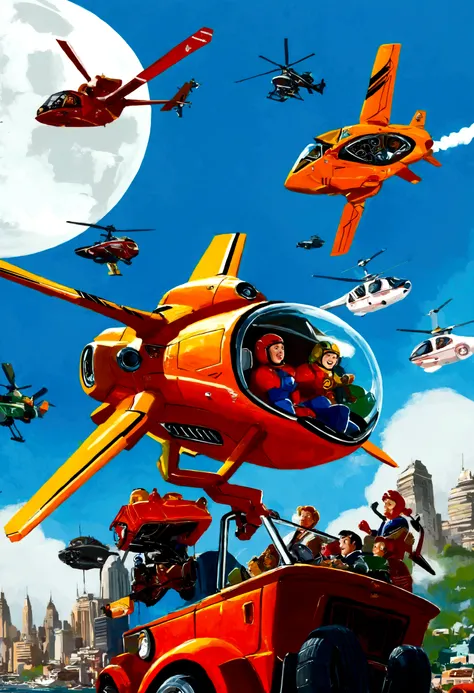 Draw a picture about the beautiful futureCity,The key word is children's painting,Simple,Science Fiction,future,Science Fiction Awareness,common sense,Scientific and technological development,City,美好 a drawing of a drawing of a city with A car, A helic...