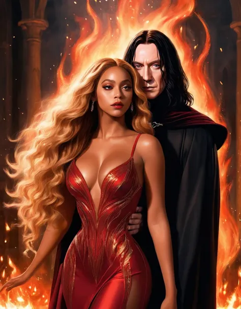 ### Scene: Create an image of two people in love in a setting of mystery and passion.

**Womans Appearance:**
- Resembles Beyoncé
- Brown skin
- Long, golden blonde curly hair
- Confident and seductive expression
- Wearing a red dress, elegant and form-fit...