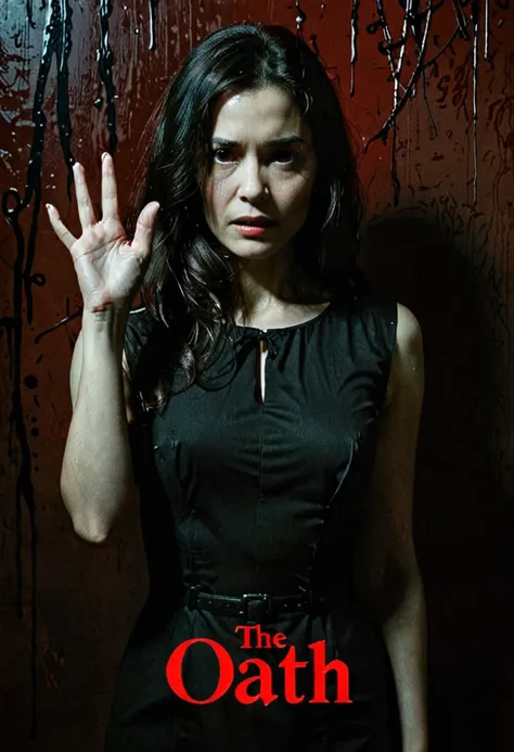 **Film Title:** "The Oath"

**Poster Description:**
The background is dark and mysterious, suggesting an atmosphere of suspense. At the center, a woman with her back to the viewer, dressed simply and with long, dark hair, makes an oath sign with his finger...