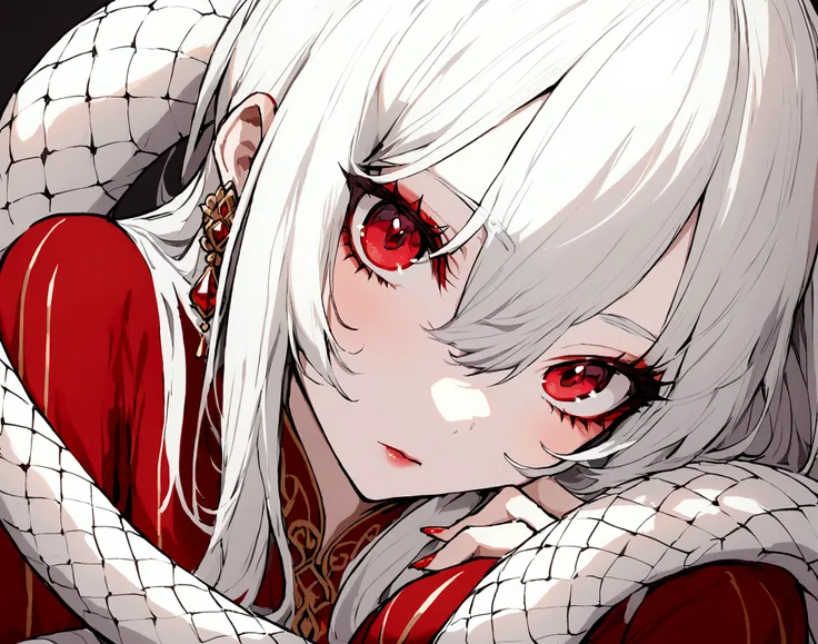 A beautiful snake girl wearing a red dress with long white hair and red eyes