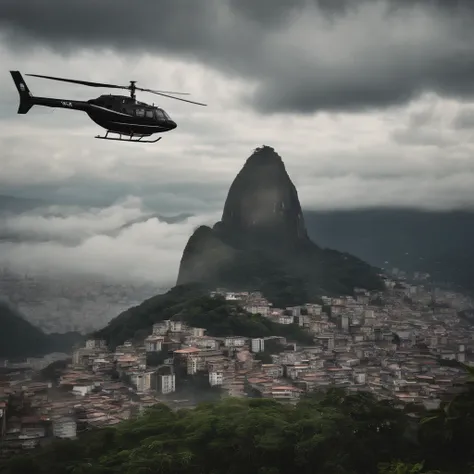 It makes a large favela with Christ the Redeemer in the background with a black helicopter passing over the favela in cloudy weather 