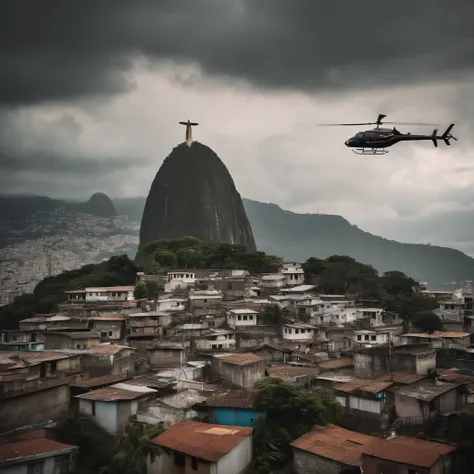 It makes a large favela with Christ the Redeemer in the background with a black helicopter passing over the favela in cloudy weather 