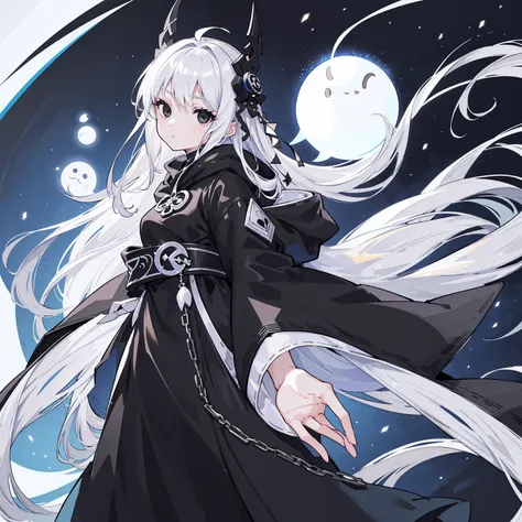 (Top image quality)、(Ultra Detailed)、(Facing forward)、top quality、masterpiece、(((1 girl)))、Silver Hair、white hair、((Long hair))、(black eyes:1.6)、hoodie dress