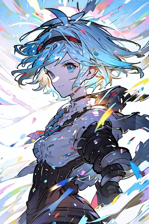 djeeta 　pure white background　blue hair　black headband　facing forward　looks strong