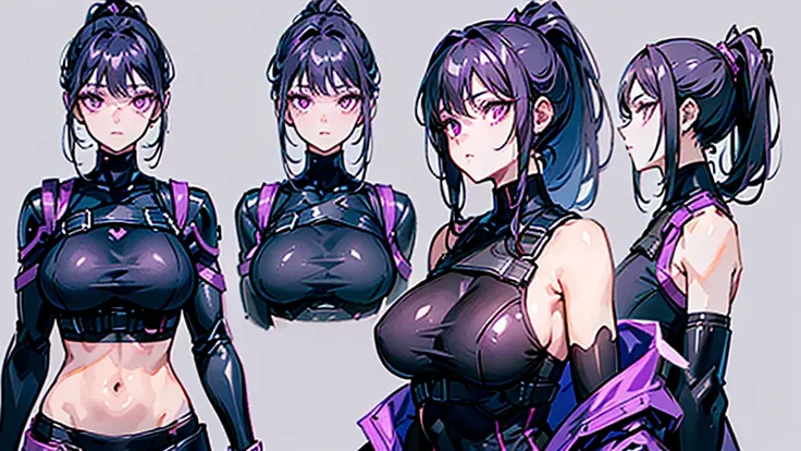 reference sheet, model sheet,(multiple views, [from behind|from side|from front|close-up|upper body|portrait]:1.2),One girl,human, Dark hair with purple strands, Ponytail, purple eyes, black outfit,wearing bulletproof vest,beautiful, masterpiece, best qual...