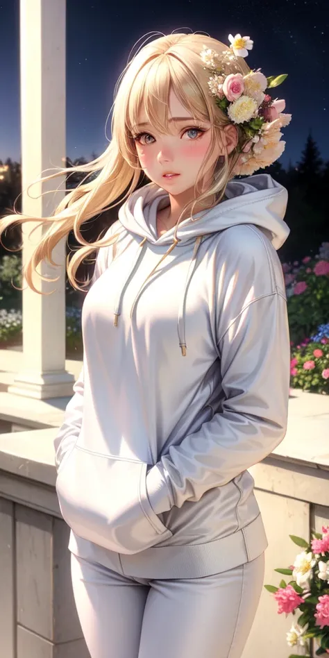 realistic, 1woman, blond hair, brown eyes, glowing eyes, white hoodie, pant, parted lips, blush, night, flowers, sun, sunlight, mature woman in her twenties 