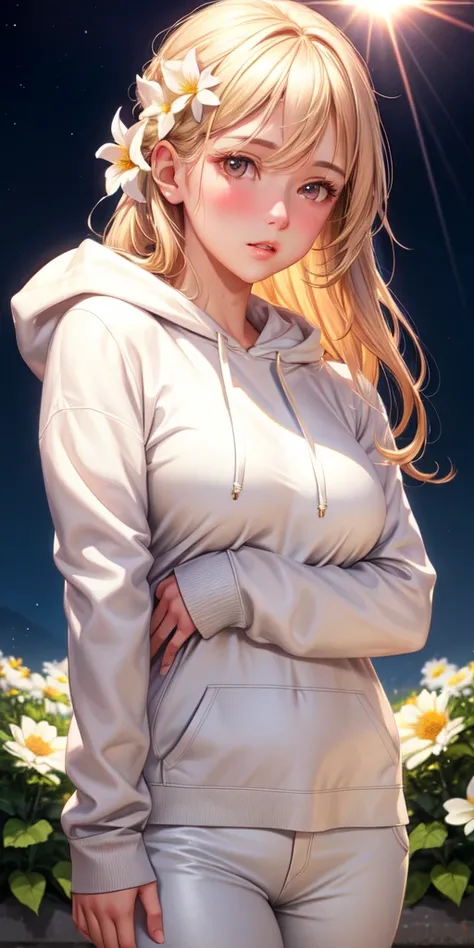 realistic, 1woman, blond hair, brown eyes, glowing eyes, white hoodie, pant, parted lips, blush, night, flowers, sun, sunlight, mature woman in her twenties 