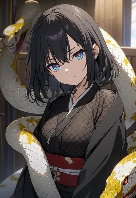 One woman, masterpiece, top quality, fair skin, black hair, yellow on mesh, blue eyes, red pupils, snake, plain white kosode, black haori, black scales all over the body, wearing a red obi, anime