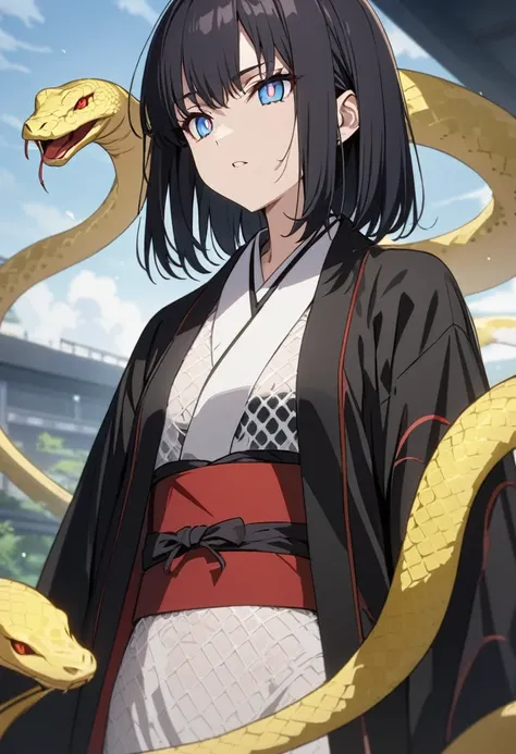 One woman, masterpiece, top quality, fair skin, black hair, yellow on mesh, blue eyes, red pupils, snake, plain white kosode, black haori, black scales all over the body, wearing a red obi, anime