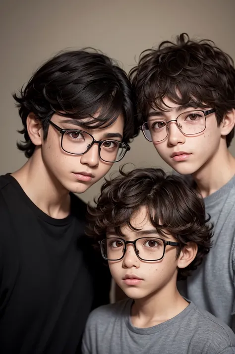 Two boys, one with shoulder-length curly hair in black, Square glasses on the face, fair skin and dark brown eyes, and another boy with brown hair down to his neck with red highlights, dark skin and freckles on the cheek, dark brown eyes 