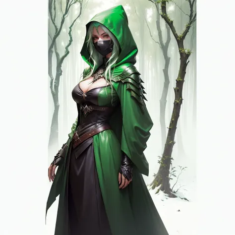 arafed woman with Green hair and Green hood and mask covering face in a forest, portrait of a female warlock, deviantart artstation cgscosiety, steven artgerm lau, artgerm julie bell beeple, alexandra fomina artstation, stanley artgerm lau, trendin on arts...