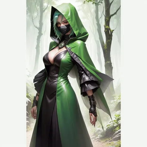 arafed woman with Green hair and Green hood and mask covering face in a forest, portrait of a female warlock, deviantart artstation cgscosiety, steven artgerm lau, artgerm julie bell beeple, alexandra fomina artstation, stanley artgerm lau, trendin on arts...