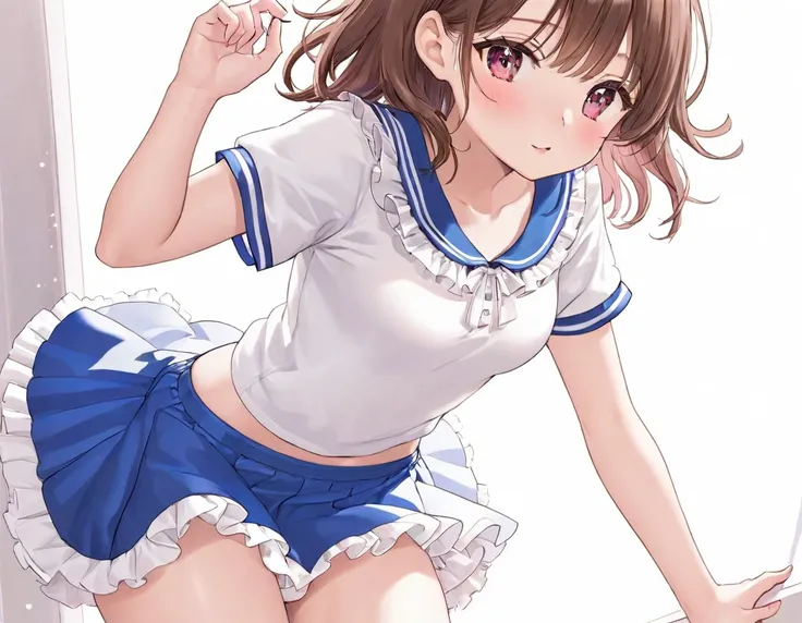 Plain white with emphasis on the chestＴshirt、You can see the chest from the neck、Ultramarine and white striped mini skirt、When you lift up her skirt you can see her cute pink frilly underwear...、fluffy, White frilly flared skirt、When she lifted her skirt, ...