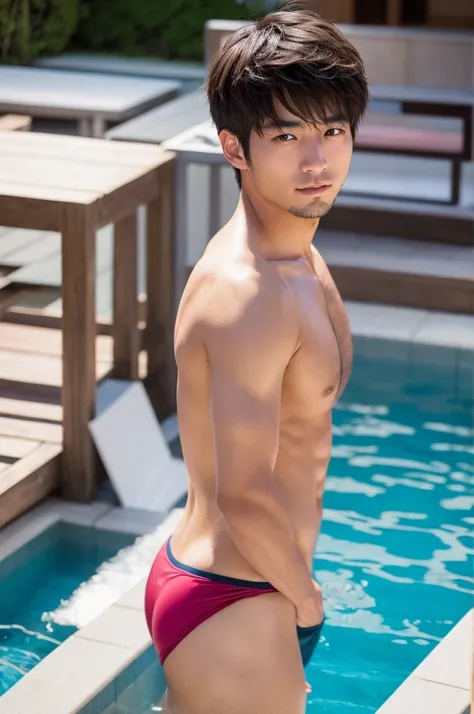 Japan man with macho and short hair。No beard。Swimsuit。