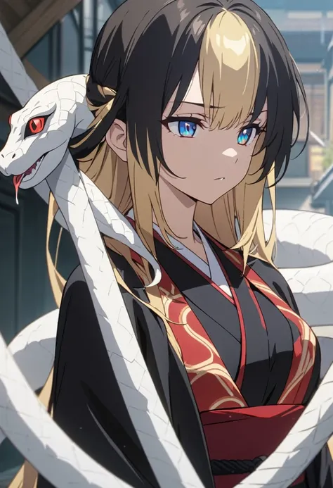 One woman, masterpiece, top quality, fair skin, black hair, blonde hair, blue eyes, red pupils, snake, plain white kosode, black haori, black scales all over the body, wearing a red obi, anime