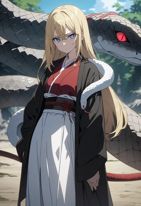 One woman, masterpiece, top quality, fair skin, black hair, blonde hair, blue eyes, red pupils, snake, plain white kosode, black haori, black scales all over the body, wearing a red obi, anime