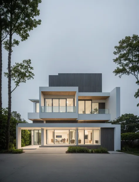 raw photo, exterior of two story white modern house, road, ((sidewalk)), ((sidewalk trees)), residences area, dawn time, overcas...