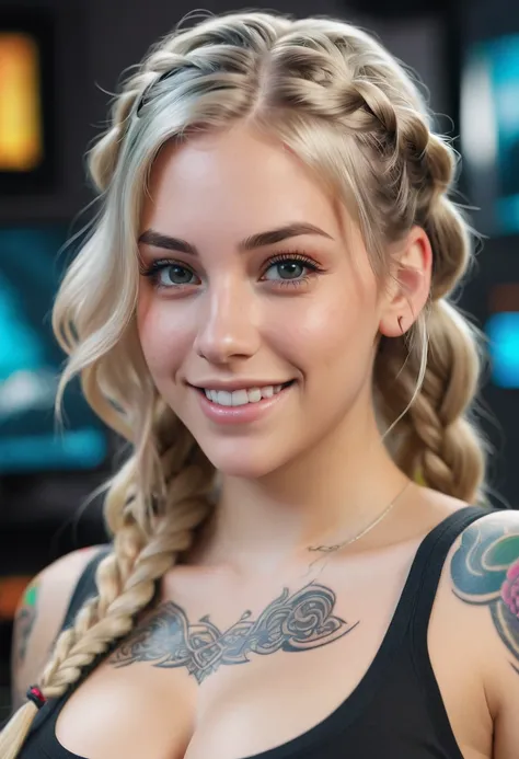 American German girl of 25, long blond braided hair, tattoos, video gamer, wearing translucent short T-shirt, black hair, ((blush: 0.8)), natural skin texture, 4K textures, highly detailed, insane details, faint colors , ((long wavy hair)), ((smile on face...