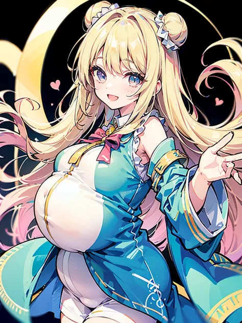 Bishojo anime style,pregnant high school girl,white huge maternity ,blonde curled fringe with bun hair,
scrunchie,Semicircular eyes,laugh,happy,love, aura of love, agape,