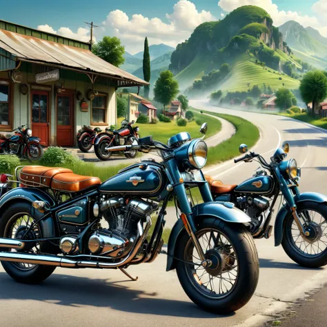 masterpiece, Very detailed,3D Rendering，Vintage motorcycles，Beautiful scenery，Roadside，panoramic