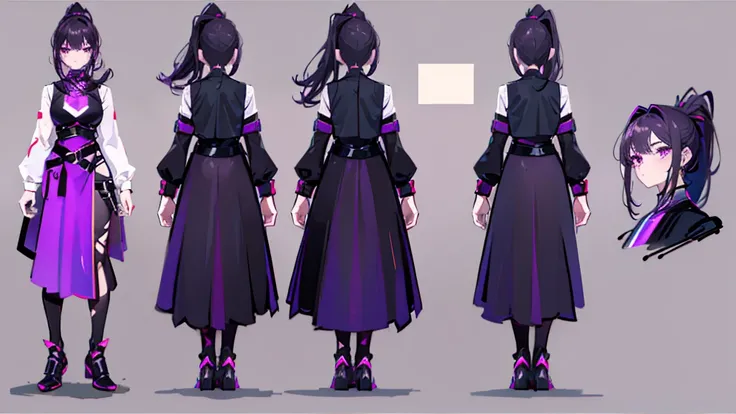 reference sheet, model sheet,(multiple views, [from behind|from side|from front|close-up|upper body|portrait]:1.2),chara-sheet,One girl,human, Dark hair with purple strands, Ponytail, purple eyes, black outfit,wearing bulletproof vest,beautiful, masterpiec...