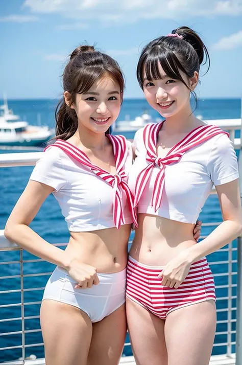 2 girls standing on windy ship deck,sea,pink and white sailor ,white tanga with little pink bow,18-year-old,bangs,a little smiles,thighs,crotch,knees,short cut hair,low ponytail,from below