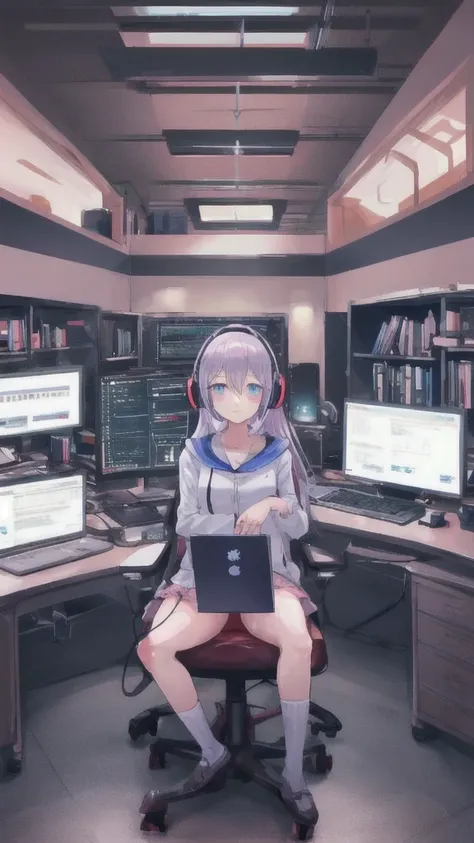 Create a detailed and cohesive anime-style illustration. The scene should depict a woman wearing headphones, sitting at a desk, and looking at a computer screen as she researches. The setting should have a cozy, Lofi music-inspired atmosphere. Through the ...