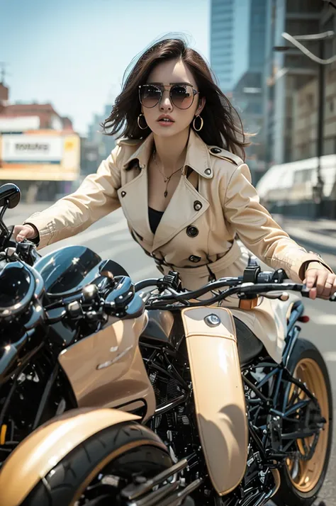 close up，motorcycle girl，beige long trench coat，long hair，sunglasses，boots，8k，best quality，super fine，hyperrealism，photo effects...