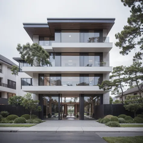 raw photo, exterior of two story white modern house, road, ((sidewalk)), ((sidewalk trees)), residences area, dawn time, overcas...