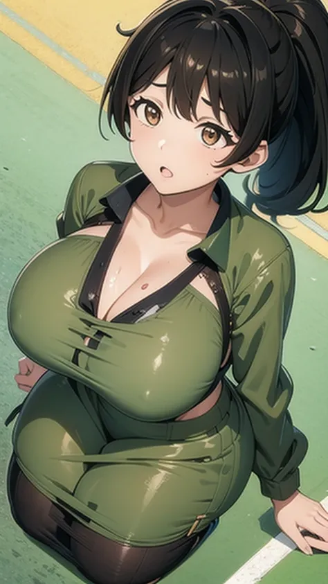 Yume Yamaba, black hair, long hair, ponytail, brown eyes, gigantic breasts,Green workwear、Black Bikini Top