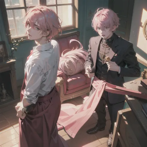 mascle，naughty man，young teenager，young men, pink  hair，the background is in a messy room ，extremely details，realistic light and...