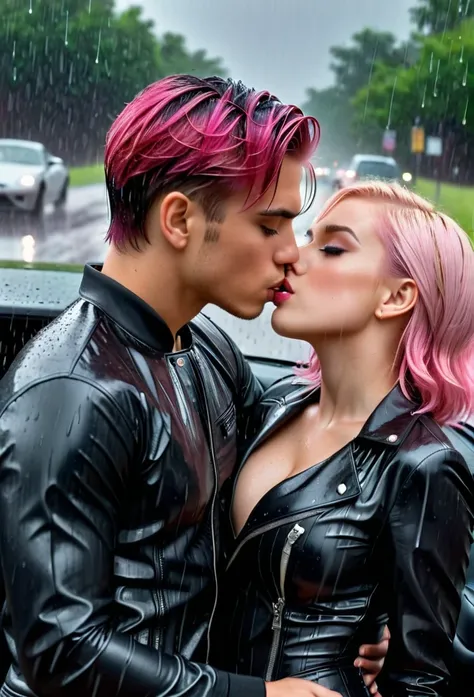 A beautiful detailed illustration of a boy and a girl kissing in a car during a severe rainstorm, masterpiece, best quality, super detailed, pink haired girl in a white pleated shirt with a cracked button on the chest, upskirt, boy with black hair in a bla...