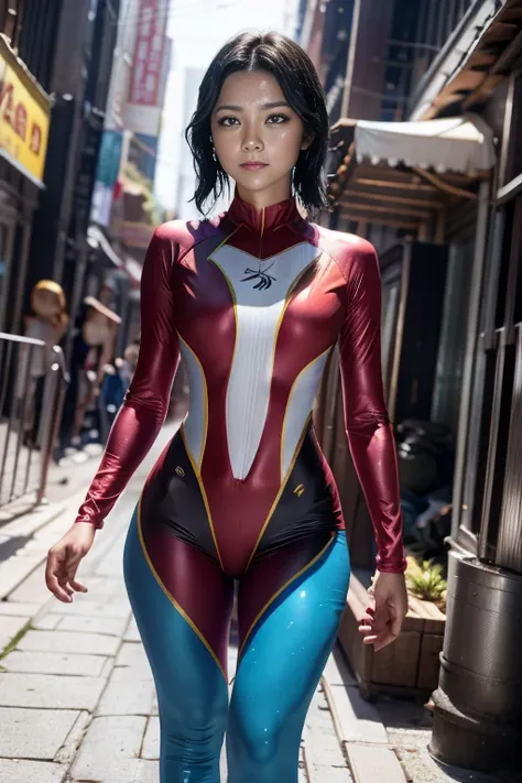 1 sister，Wearing a tight colors spider gwen suit，Big legs coming towards you，navel，Just looking at the audience，midnight street，Movie Lighting，National Foundation，（（best quality，8K，masterpiece：1.3））），Be focused：1.2，（Layered pruning，big：1.2），Beautiful woman...