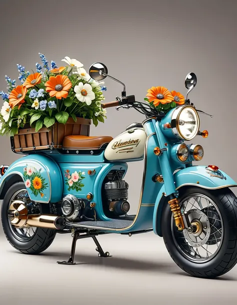 A retro electric motorcycle loaded with flowers, High-quality artworks created by master artists， best quality, Detailed Details