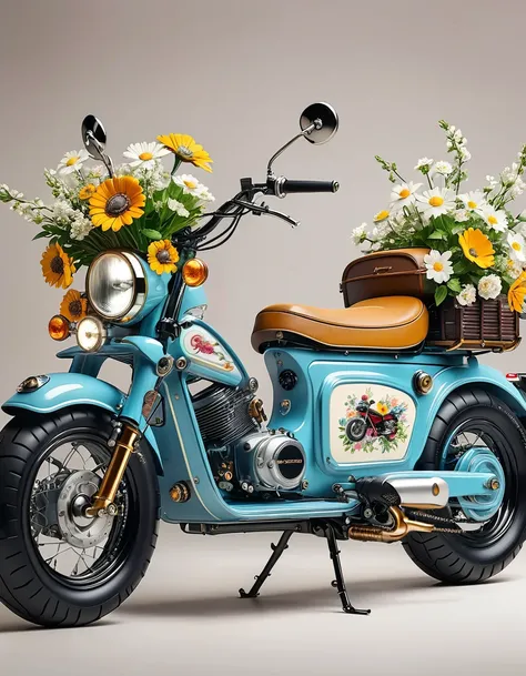 A retro electric motorcycle loaded with flowers, High-quality artworks created by master artists， best quality, Detailed Details